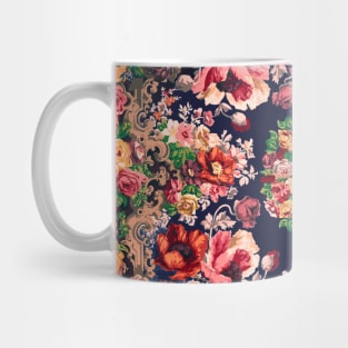 POPPIES,ROSES ,GREEN LEAVES,FLOWER CROWN,Art Nouveau Floral in Dark Blue Mug